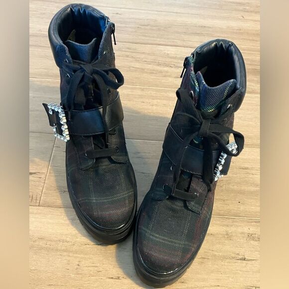 Gianni Bini plaid fabric/leather upper platform side zip women’s boots 9M - Picture 5 of 8